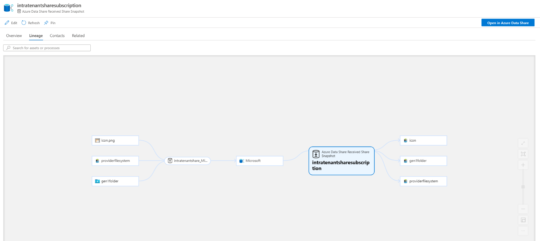 使用 Azure Data Share 共享的数据集世系的屏幕截图。