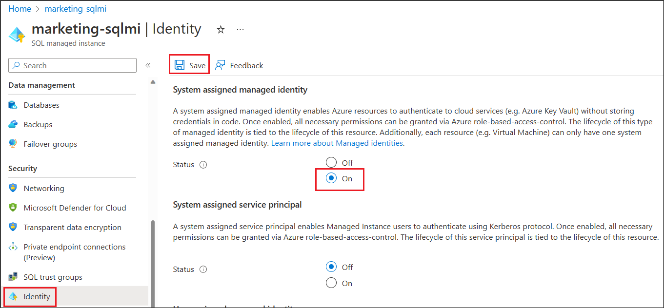 屏幕截图显示如何将系统托管标识分配给 Azure SQL MI。