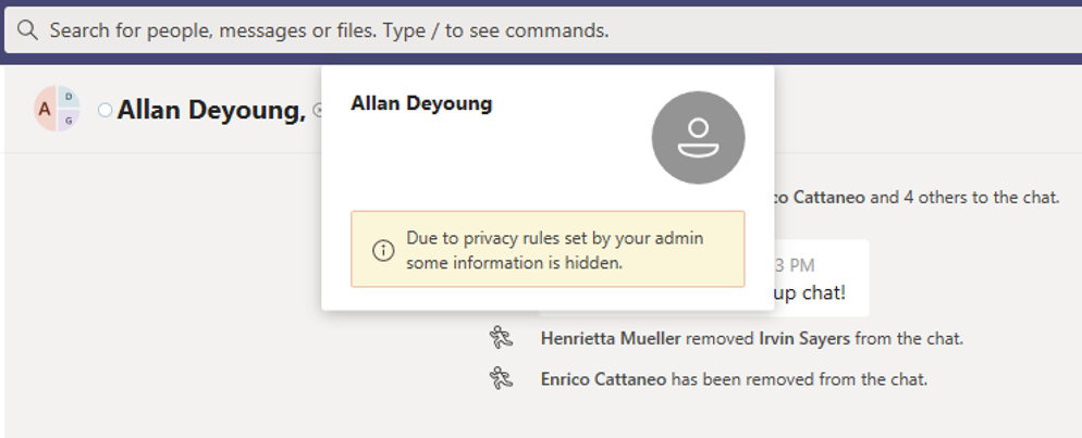 Teams 的屏幕截图，提醒用户策略阻止显示其他用户的信息。