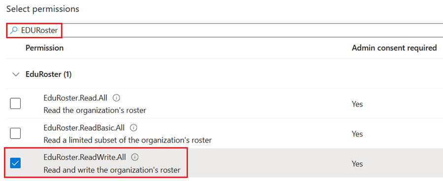 显示 eduroster.readwrite.all 位置的屏幕截图。