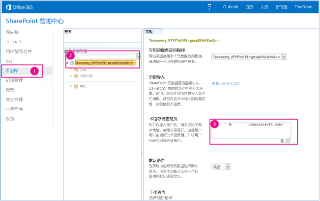 SharePoint 管理中心的屏幕截图，其中突出显示了术语库、分类术语库搜索框和术语库管理员框。