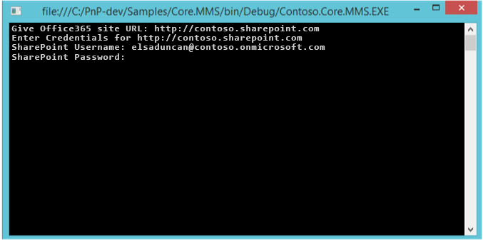 提示输入 SharePoint 用户名和密码的 Core.MMS 示例外接程序控制台的屏幕截图。