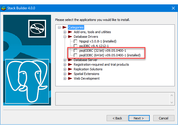 使用堆栈生成器安装 PostgreSQL ODBC 的屏幕截图。