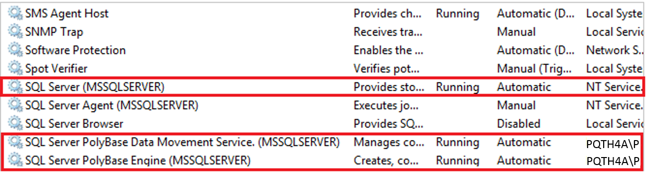 SQL Server 配置管理器的屏幕截图，显示 PolyBase 服务。