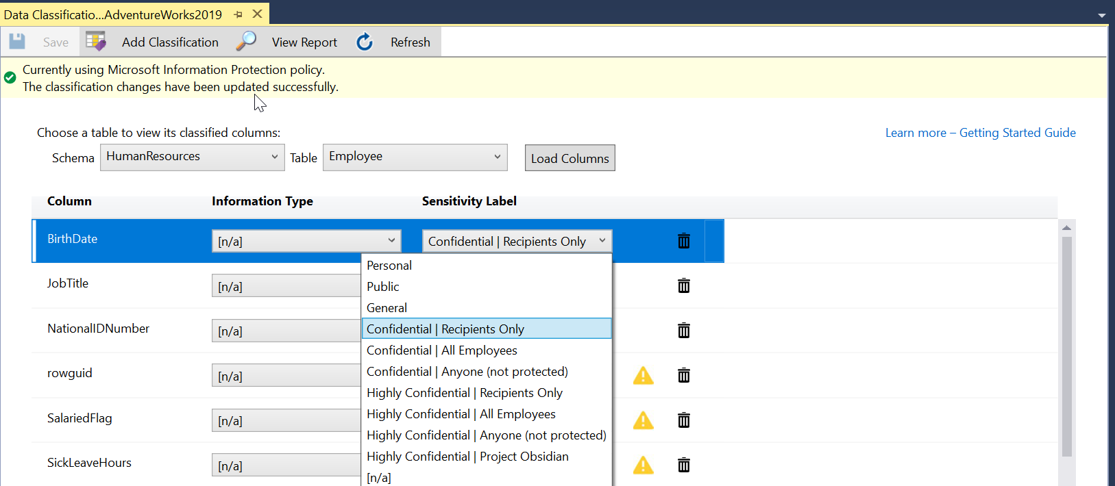 选择 SSMS 中的 Microsoft 信息保护策略敏感度标签