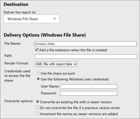 显示目标和传递选项（Windows 文件共享）部分的屏幕截图。