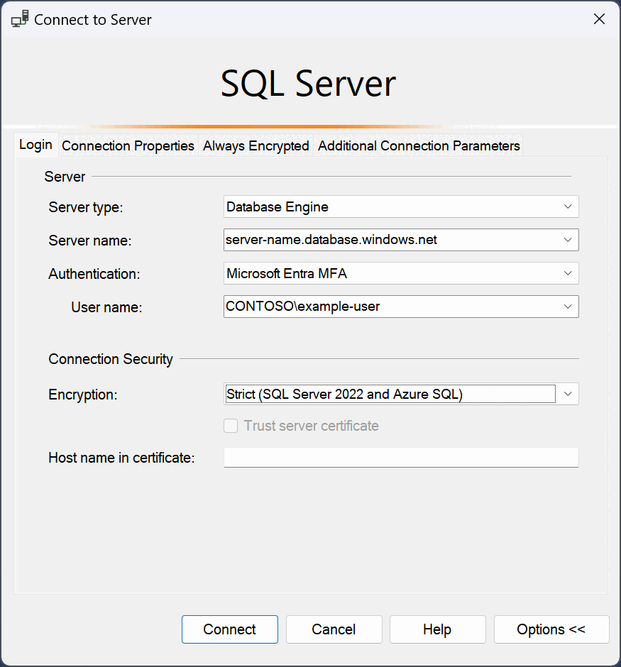 Azure SQL 的连接对话框的屏幕截图。