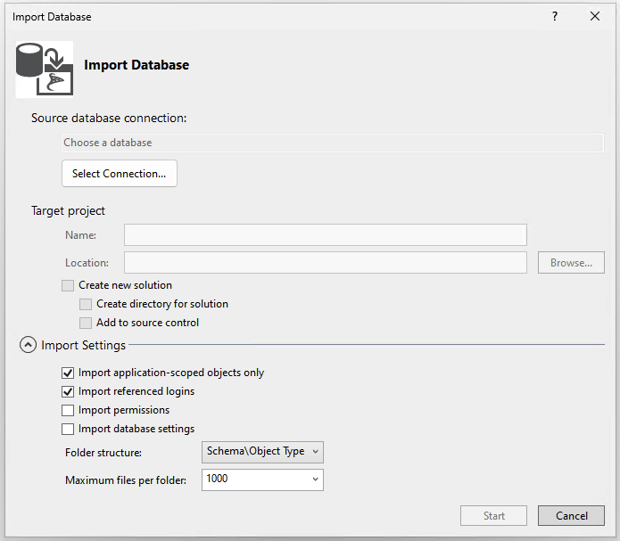 Visual Studio 中“导入数据库”对话框的屏幕截图。