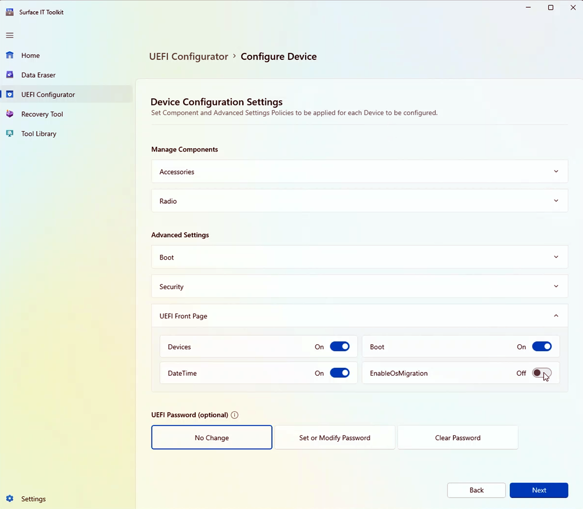 显示如何在 Surface Hub 2S 上启用 OS 迁移 UEFI 设置的屏幕截图。