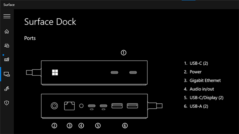 显示 Surface 应用的屏幕截图显示所有端口都可用于 Surface Thunderbolt 4 Dock 上经过身份验证的用户。