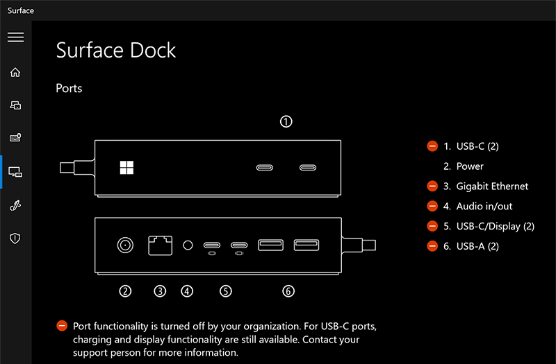 显示 Surface 应用（显示 Surface Dock 2 上未经身份验证的用户已关闭端口）的屏幕截图。