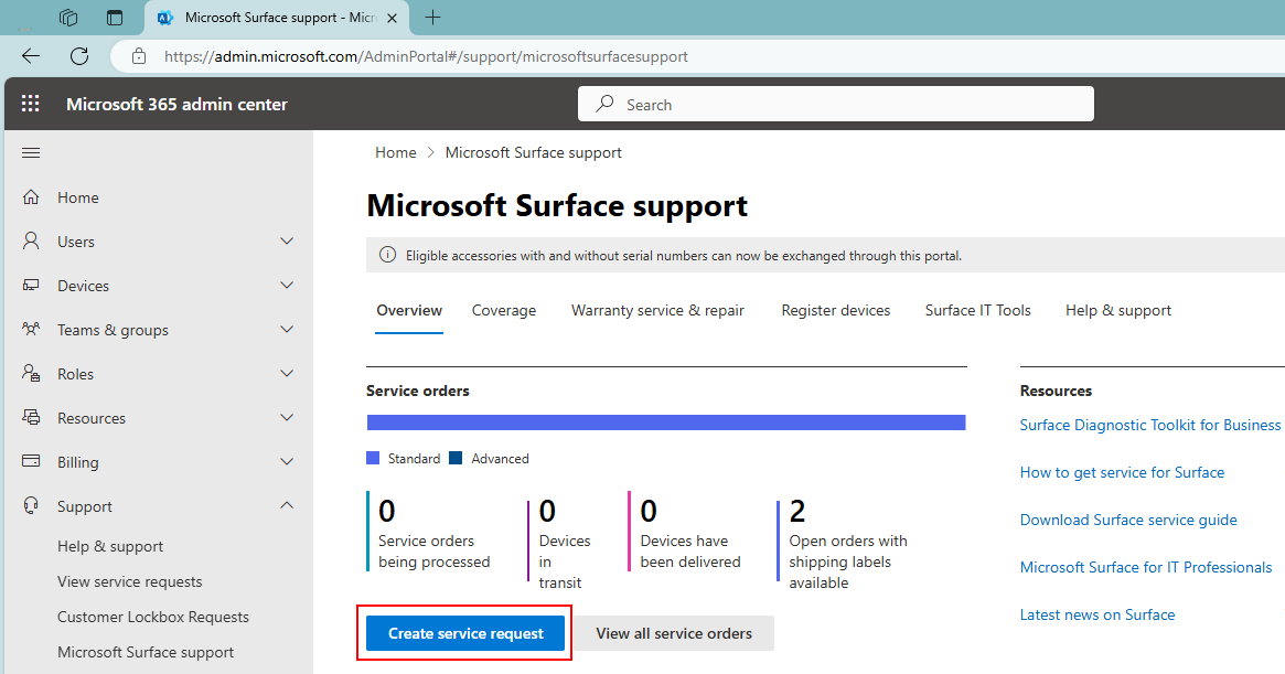 Surface 支持门户的屏幕截图。