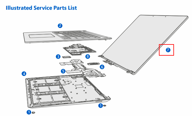 Surface Laptop 5 的插图部件列表的屏幕截图。