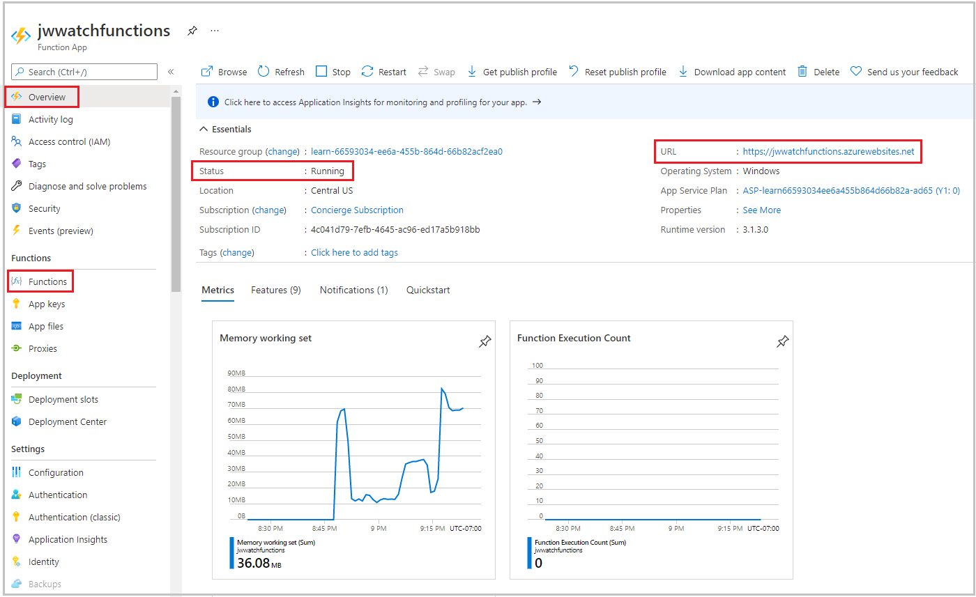 Azure 门户“函数应用”窗格的屏幕截图，显示“Function1”和“WatchInfo”函数。