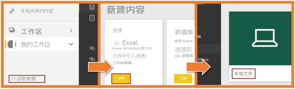 显示“获取数据”、“获取”和“本地文件”按钮的三个屏幕截图。