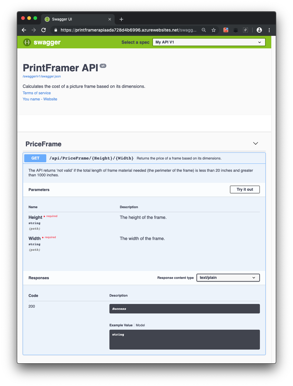 Swagger UI with the final documentation from XML comments for our API.