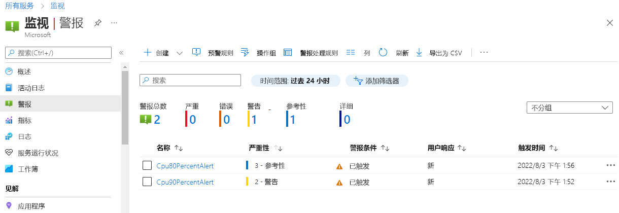 显示“警报摘要”窗格的屏幕截图。