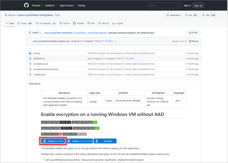 显示 GitHub 模板的屏幕截图，其中突出显示了“部署到 Azure”按钮。