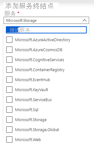 Screenshot of the Service endpoints page in the Azure portal.