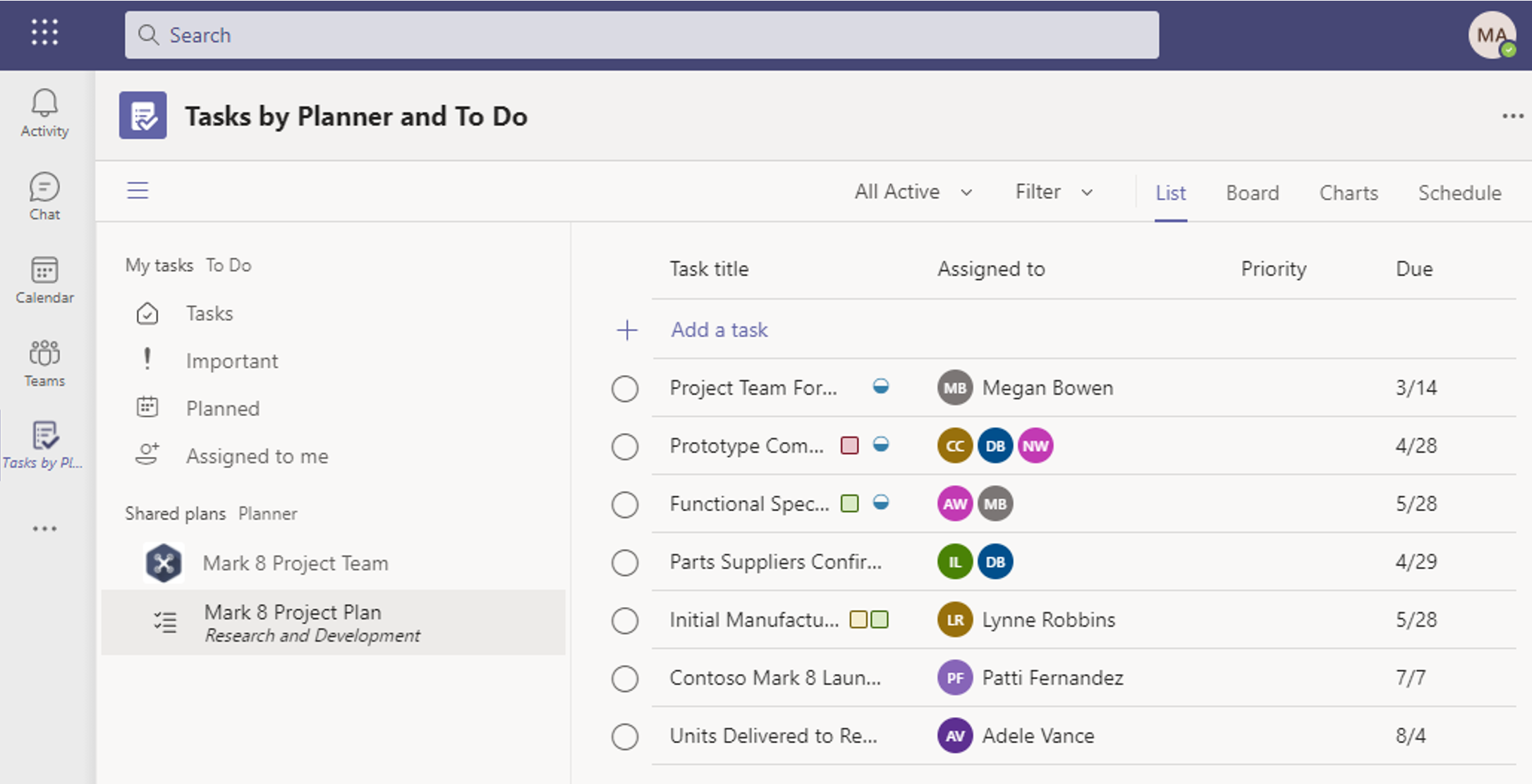 该图的屏幕截图显示了 Microsoft Teams 中的 Planner 和 Tasks。