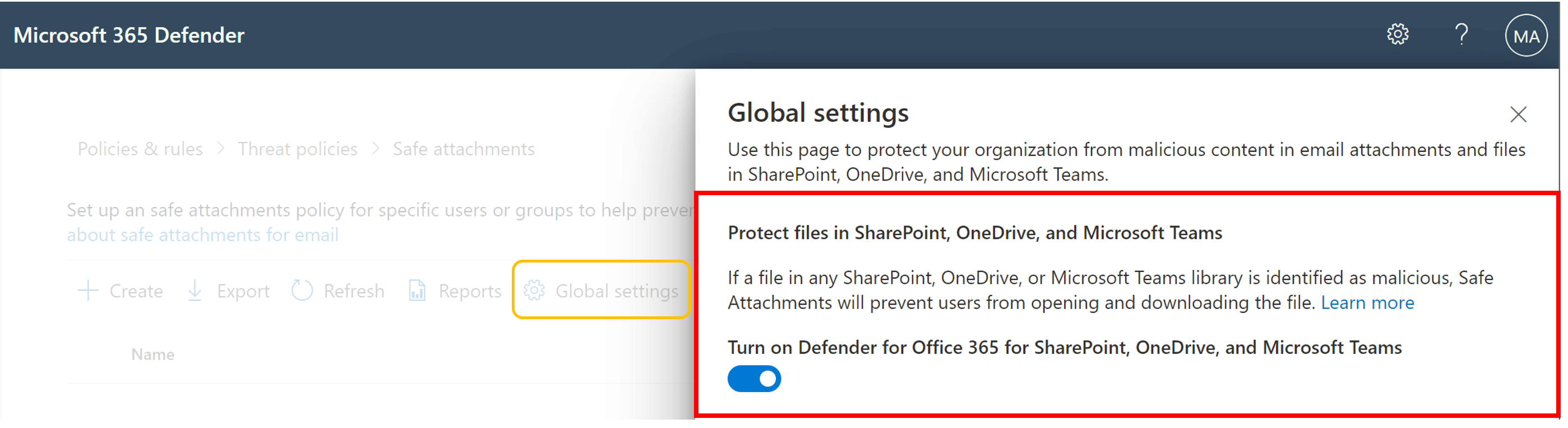 为 SharePoint、OneDrive 和 Microsoft Teams 启用安全附件的屏幕截图。