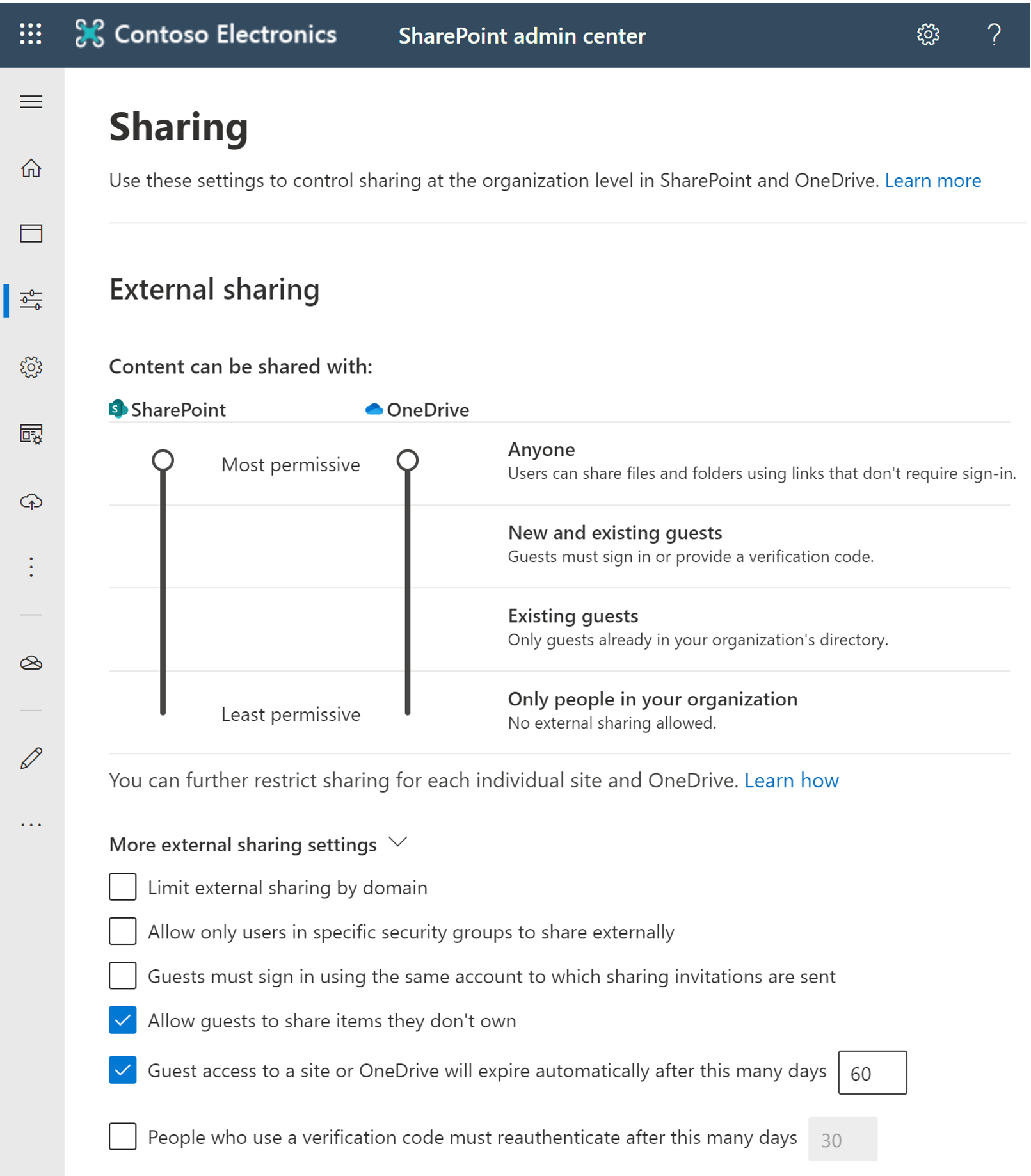 SharePoint 管理中心中外部共享设置的屏幕截图。