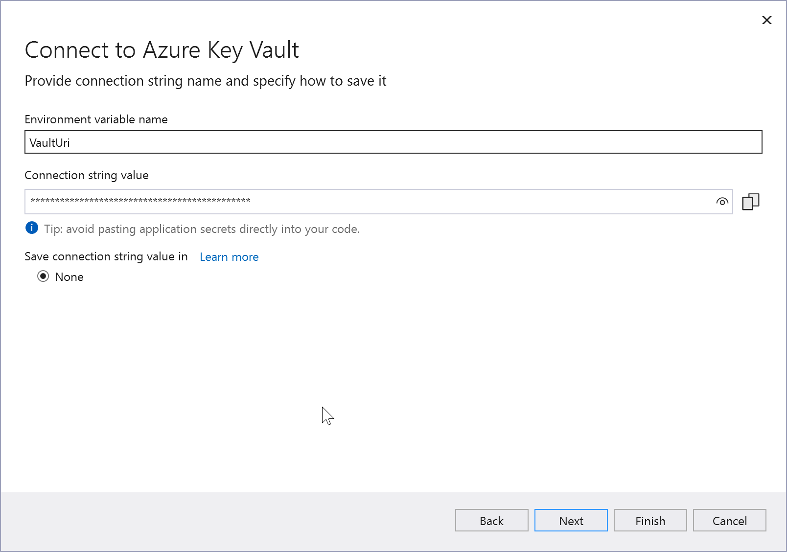 “连接到 Azure Key Vault”屏幕的屏幕截图。