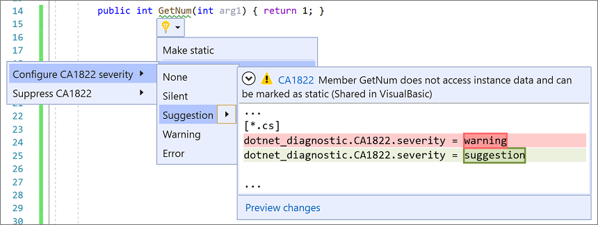 显示从 Visual Studio 2019 中的菜单所选择的规则严重性的屏幕截图。