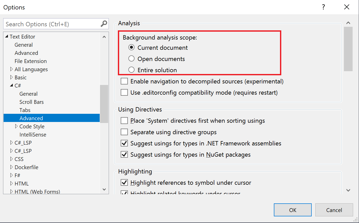 显示 Visual Studio 中的后台代码分析范围选项的屏幕截图。