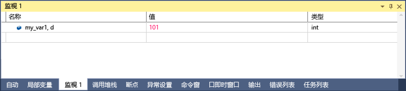 Screenshot of the Visual Studio Watch window with one line that shows my_var1, d with a value of 101 and a type of int.