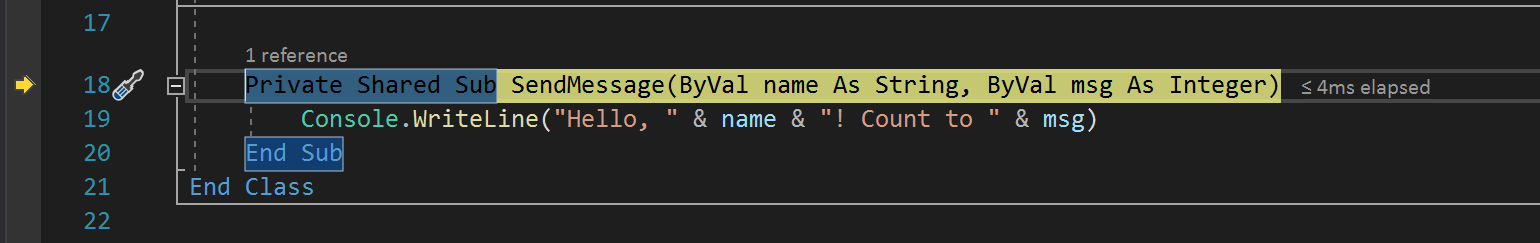 Screenshot showing a debug session in the Visual Studio code editor with execution paused after stepping into the 'SendMessage' method.