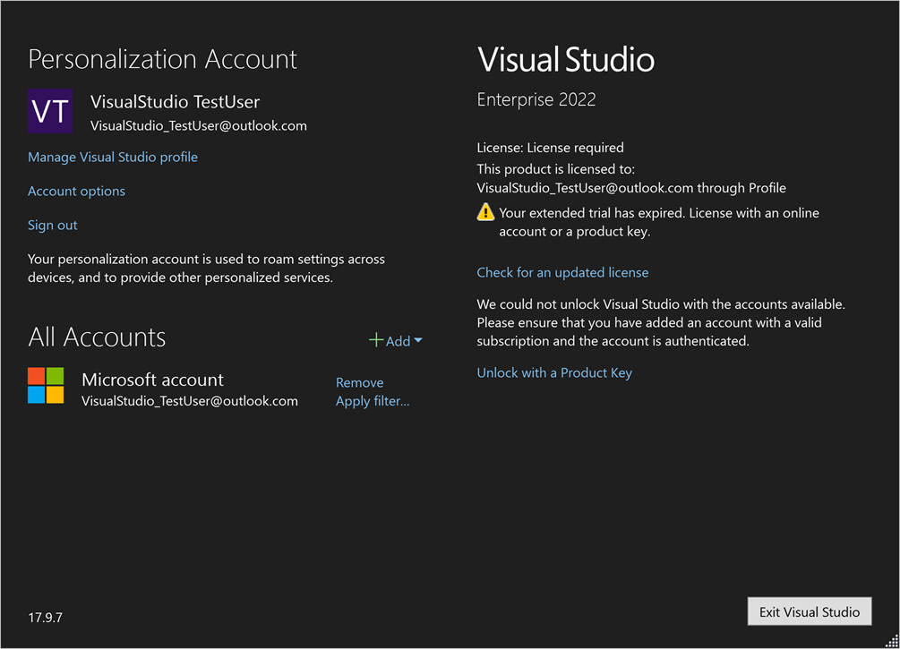 Visual Studio 中过期许可证通知的屏幕截图。