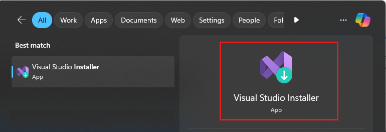 显示 Visual Studio 安装程序的“开始”菜单搜索结果的屏幕截图。