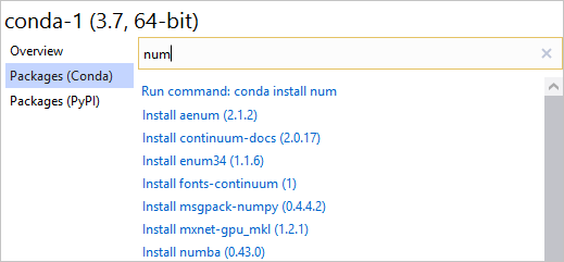 Conda packages tab showing a conda install command