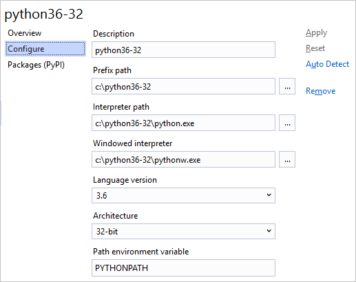 Python Environments configure tab