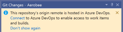 “Git 更改”窗口中的信息栏，提示连接到当前存储库的 Azure DevOps。