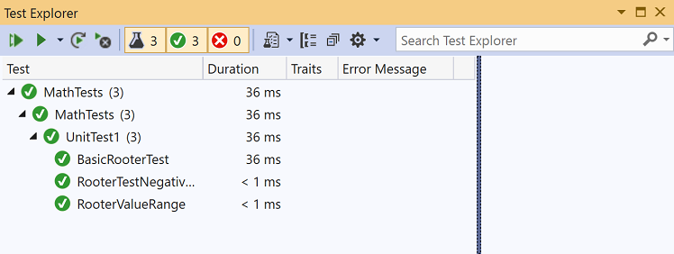 Test Explorer showing 3 passed tests