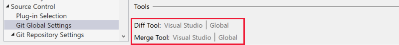 显示在“选项”对话框中设置默认差异工具与合并工具的部分的屏幕截图。