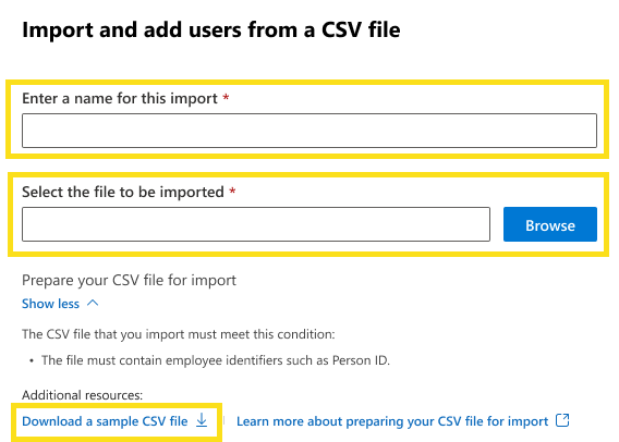 显示如何从 csv 文件导入新用户的屏幕截图。