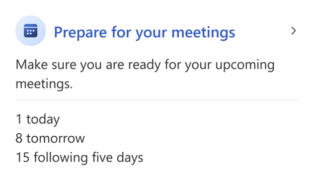 Viva Insights Outlook 加载项中“准备会议”卡片的屏幕截图。