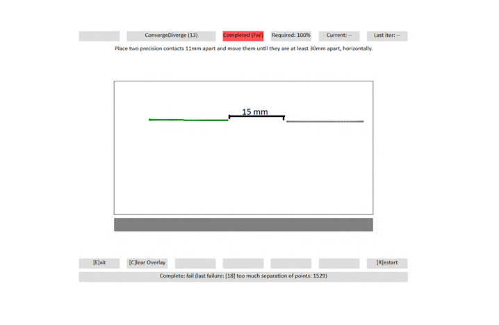 screenshot from the converge - diverge test, showing too much separation between contact points.