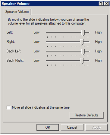 Screenshot of the speaker-volume dialog box displaying controls for all channels and advanced audio properties.