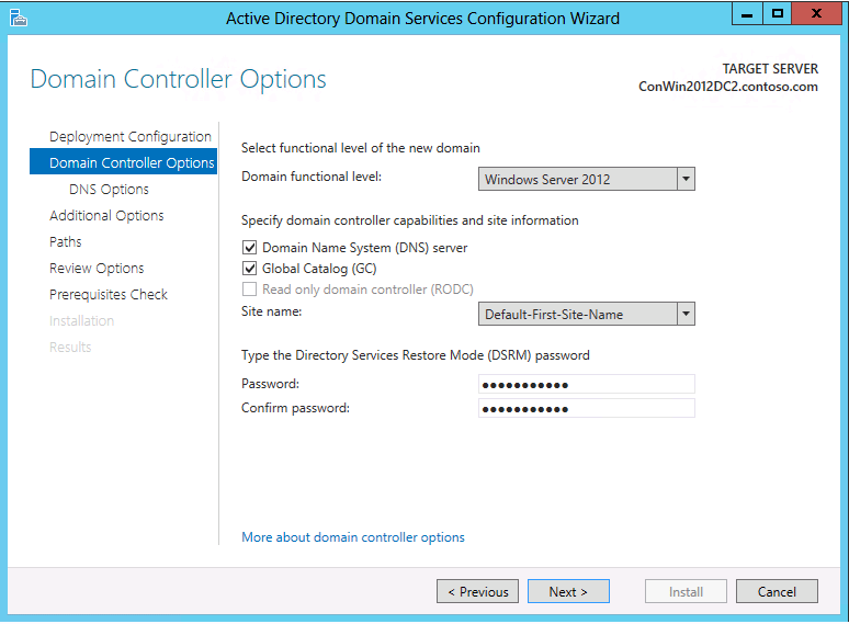 Screenshot that shows the Domain Controller Options page in the Active Directory Domain Services Configuration Wizard.