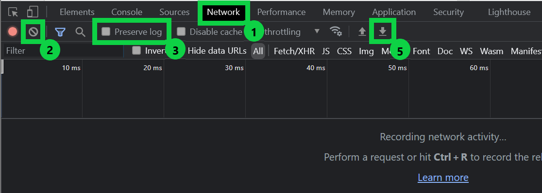 The points users have to click on to collect a HAR file are displayed and highlighted based on the numbered bullets.