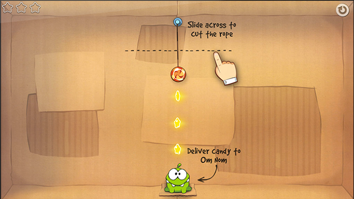 显示说明性 UI 消息“Slide acress to cut the rope”的游戏屏幕截图