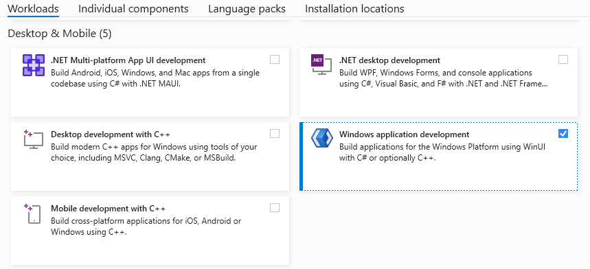 选中“Windows 应用程序开发工作负载”的 Visual Studio 安装程序 UI 的屏幕截图。