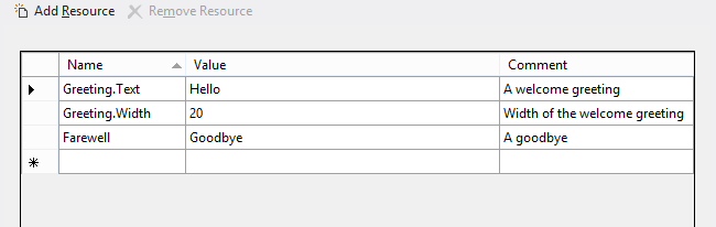 Strings > E N U > Resources.resw 文件的“添加资源”表的屏幕截图。