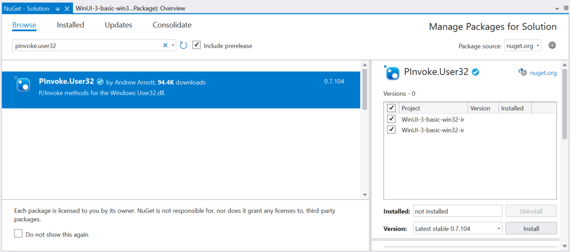 选择了 PInvoke.User32 的 Visual Studio NuGet 包管理器屏幕截图。