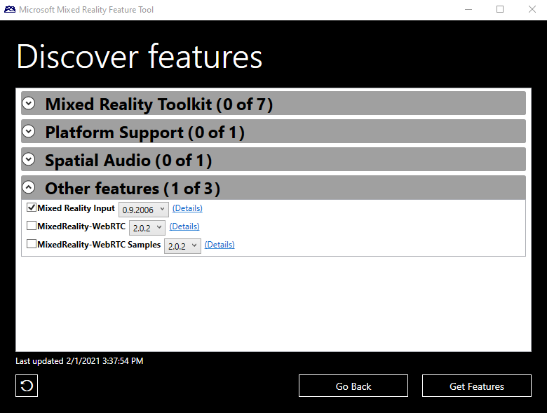 Mixed Reality Feature Tool packages window with mixed reality input highlighted