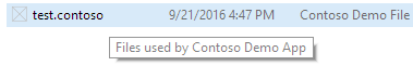 显示 Contoso 演示应用使用的文件的工具提示的文件资源管理器屏幕截图。